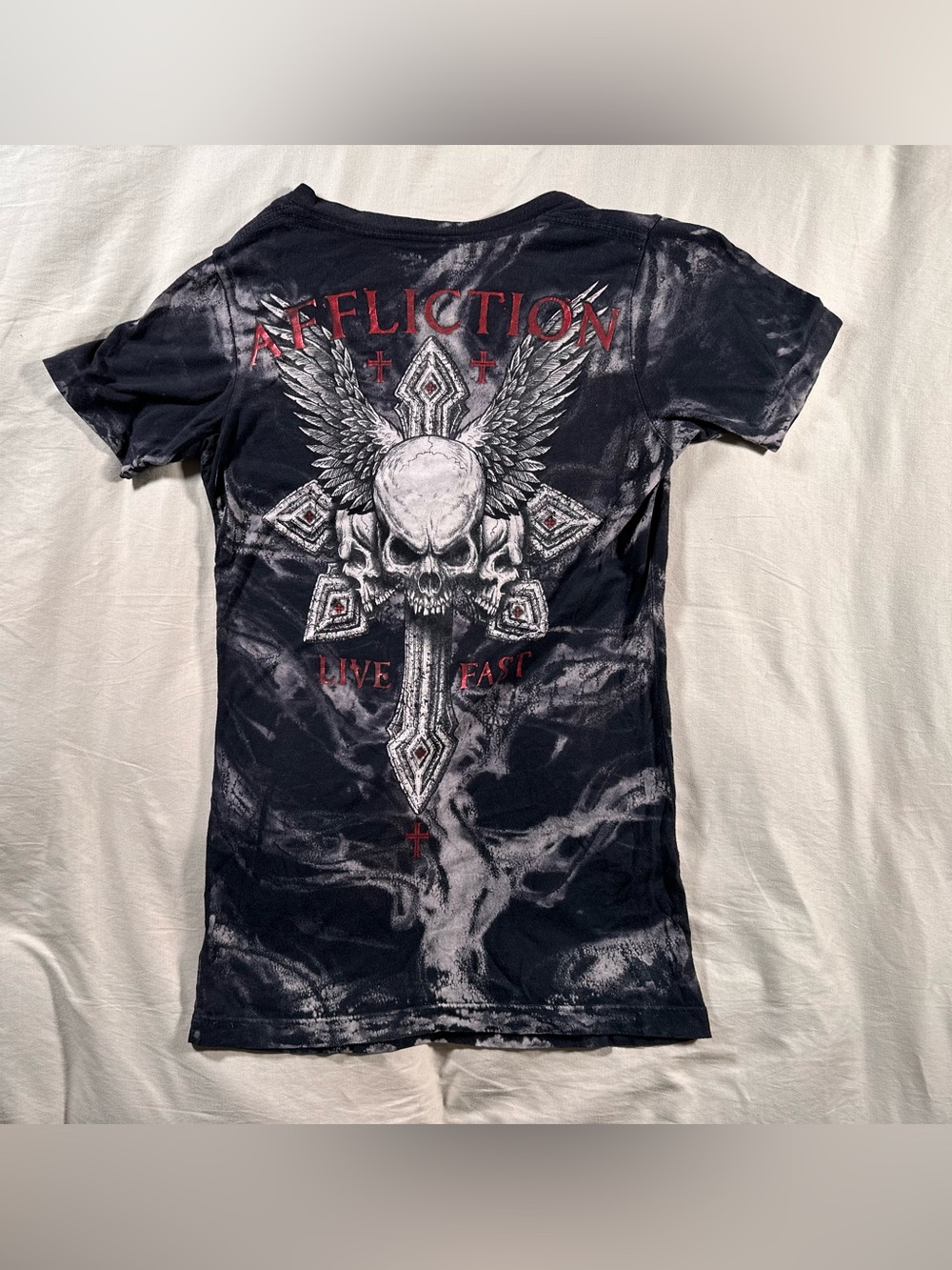 Affliction Women V Neck Small Y2K Grunge Cyber Goth Cross Winged Skull Top Retro